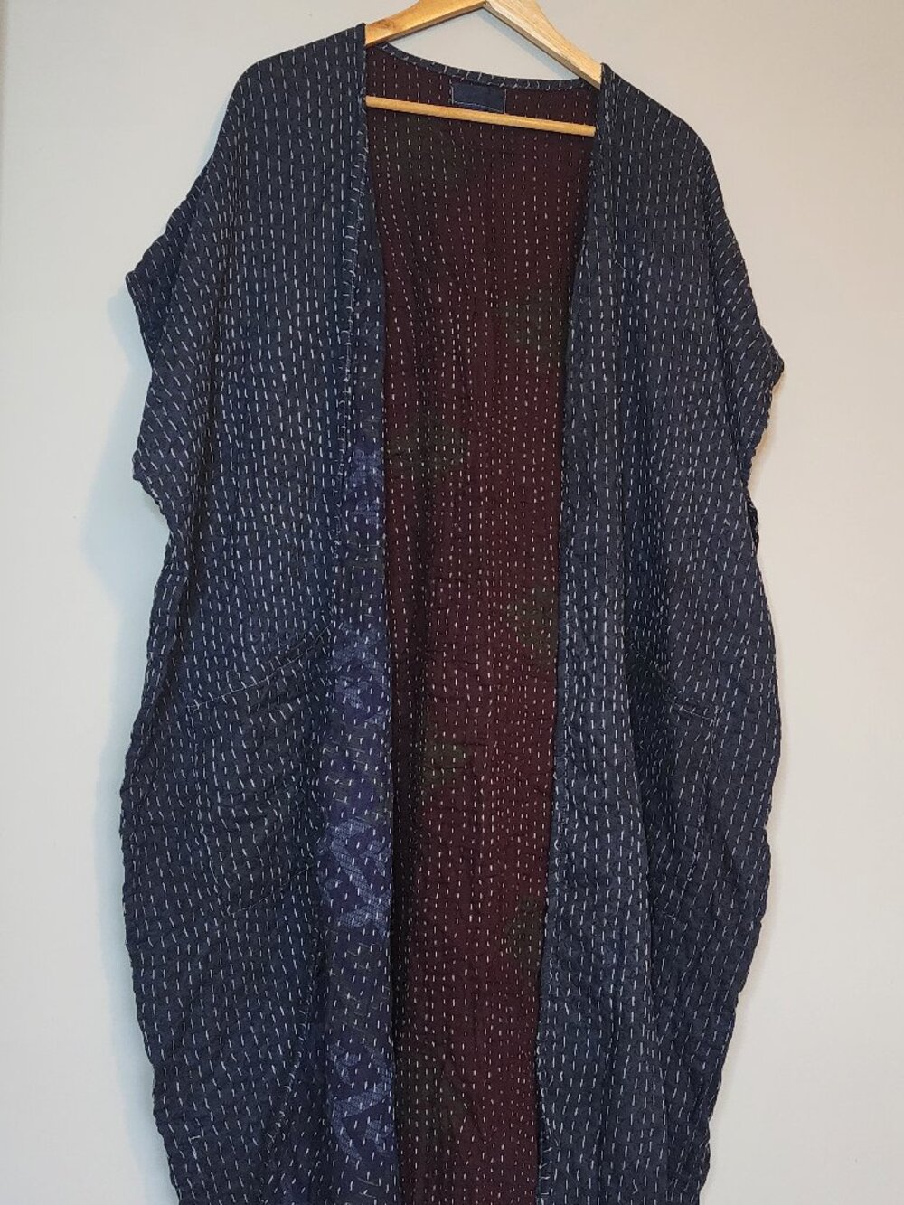 Kantha Bae Short Sleeve Kimono Overdyed Indigo Navy White Stitch NWOT